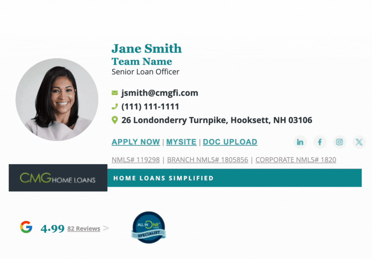 CMG Financial's email signaature design for a loan officer, featuring a portrait photo, contact information, office address, links to apply or upload documents, CMG Home Loans branding, review ratings, and illustrated home-buying graphics.