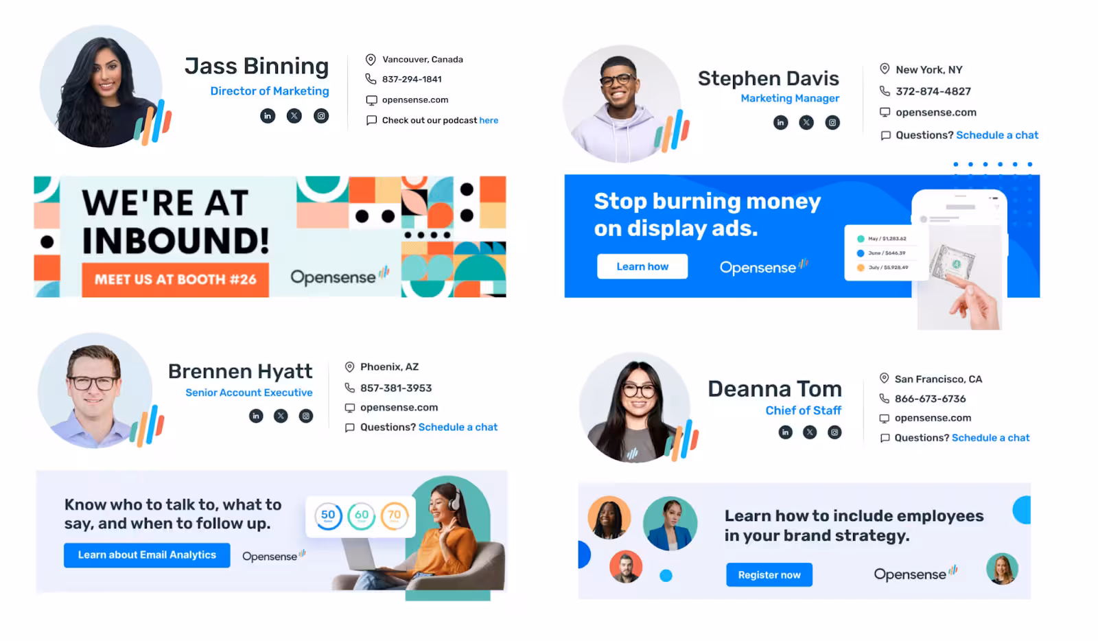 Collection of branded email signatures and promotional banners featuring employees. Each signature includes contact details, social icons, and Opensense branding. Below the profiles are dynamic banner ads promoting event announcements, ad-spend optimization, email analytics, and webinar promo.