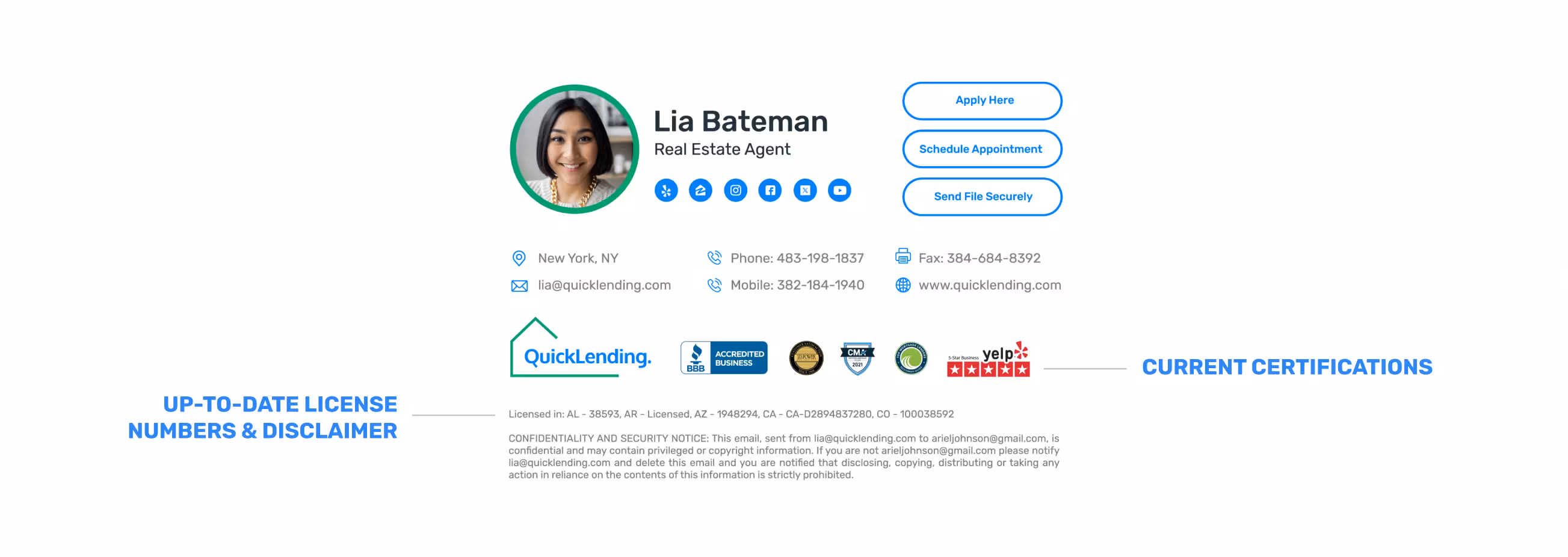 Compliant email signature design for real estate agent Lia Bateman featuring updated licensing details, modern contact information, verified certifications, social icons, QuickLending branding, and compliance disclaimer, showcasing a clean, consistent, and professional email signature layout.