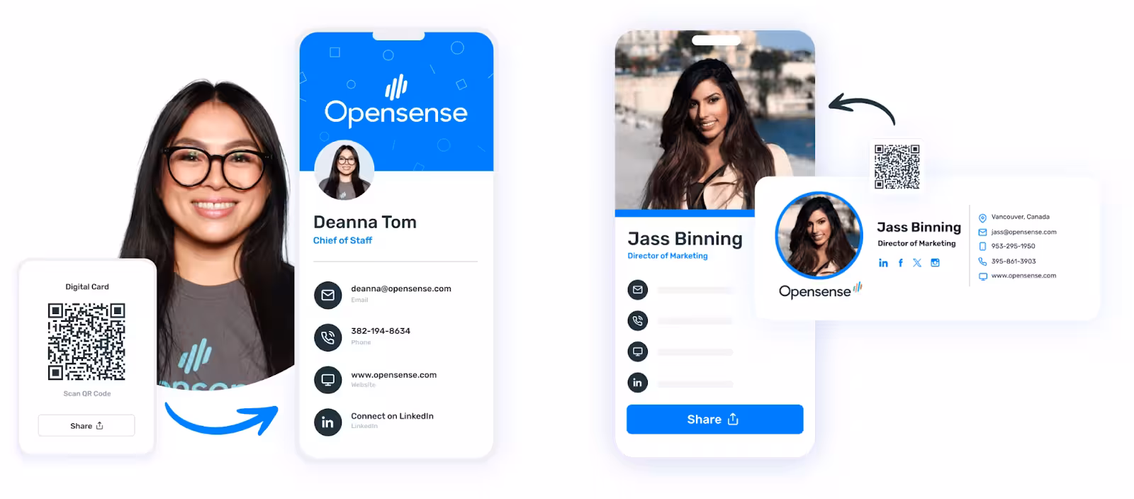 Digital business card examples featuring two employees with their photos, contact details, QR codes, and Opensense branding. The left side shows Deanna Tom’s mobile digital card and scannable QR code, while the right side shows Jass Binning’s digital business card and matching email signature, demonstrating seamless brand consistency.