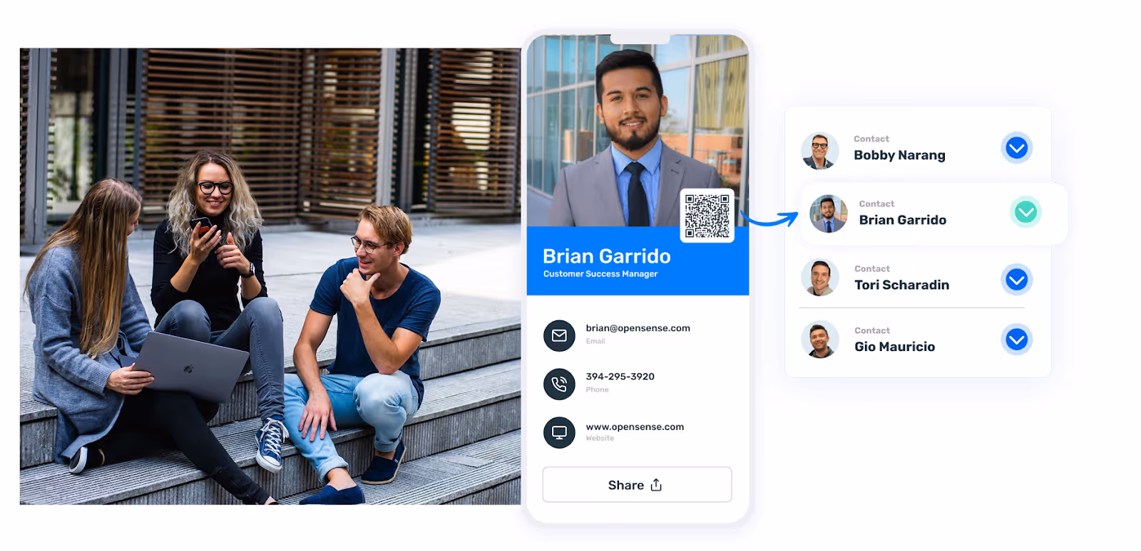 Digital business card for Customer Success Manager Brian Garrido displayed on a mobile screen with his photo, QR code, and contact details. To the right, a contact list highlighting how easy it is to save contacts details. On the left, three people sitting outdoors collaborate using a phone and laptop, illustrating real-world sharing and use of digital business cards.