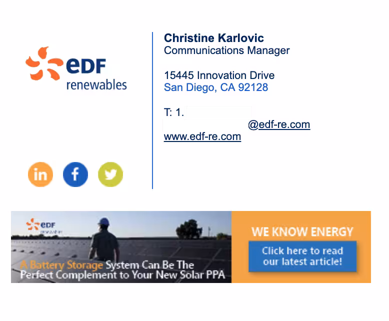 Email banner featuring a solar field and messaging about battery storage systems complementing solar PPAs, showing how EDF Renewables leverages Opensense to distribute targeted energy-education content and drive traffic to featured articles through consistent email ad placements.