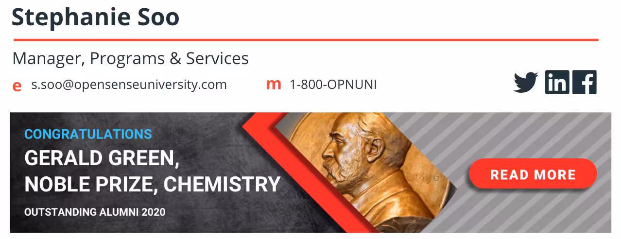 Email signature ad banner congratulating Gerald Green, Nobel Prize recipient in Chemistry and Outstanding Alumni 2020, showing how Opensense helps universities highlight major alumni achievements.