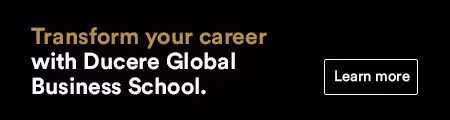 Email signature banner with black and gold design reading “Transform your career with Ducere Global Business School,” accompanied by a white “Learn more” button. This shows how Opensense helps organizations insert visually branded recruitment or program-awareness campaigns into employee emails to drive clicks and conversions.