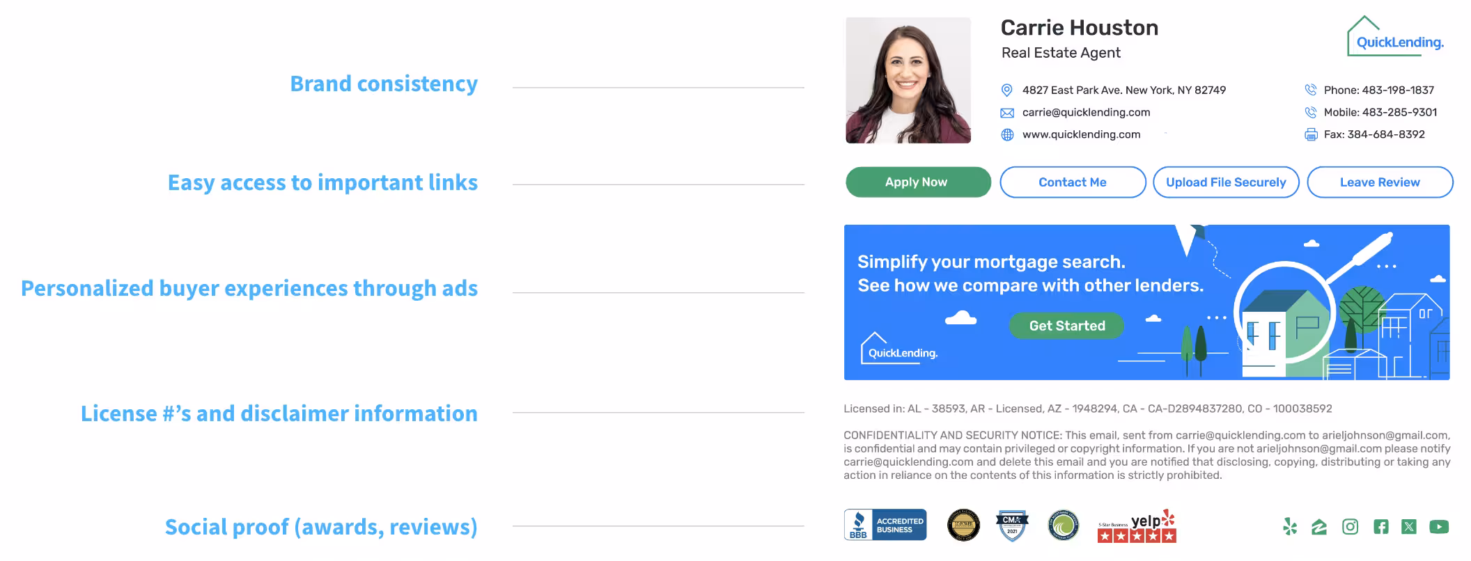Email signature example for Carrie Houston, Real Estate Agent, showing an improved, fully branded layout. On the right side, her headshot appears above her name, title, contact details, website, and office, mobile, and fax numbers. A green “Apply Now” button, a “Contact Me” button, “Upload File Securely,” and “Leave Review” buttons are displayed below her contact info. A large promotional banner shows a mortgage-search graphic with the text, “Simplify your mortgage search. See how we compare with other lenders,” and a green “Get Started” button. Below are licensing numbers for multiple states, a confidentiality notice, and a row of social proof icons including BBB accreditation, industry awards, and Yelp reviews. On the left side of the image, labels highlight key strengths such as “Brand consistency,” “Easy access to important links,” “Personalized buyer experiences through ads,” “License #’s and disclaimer information,” and “Social proof (awards, reviews).”