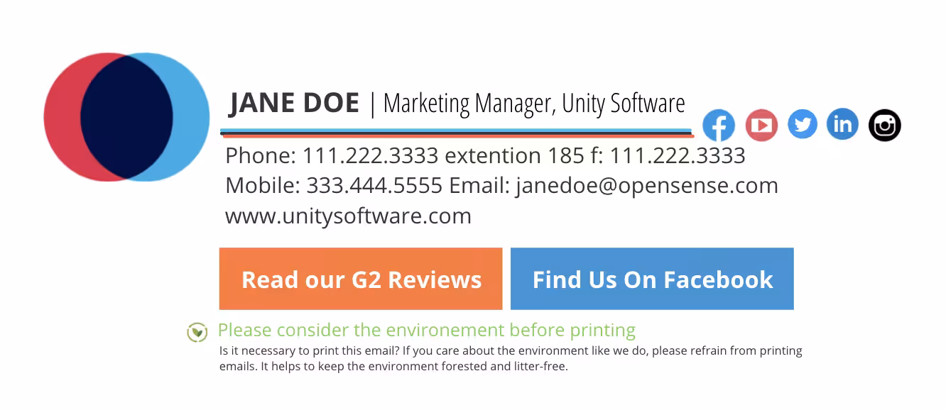 Email signature featuring a lot of details, including employee info, company logo, social icons, and CTA buttons linking to G2 reviews and Facebook, among other elements. Demonstrates how busy an email signature can get.
