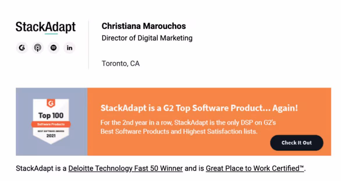 Email signature featuring company branding, employee details, and a promotional banner highlighting StackAdapt’s G2 Top Software Product recognition. Shows how Opensense turns email signatures into a channel for sharing achievements and driving traffic.