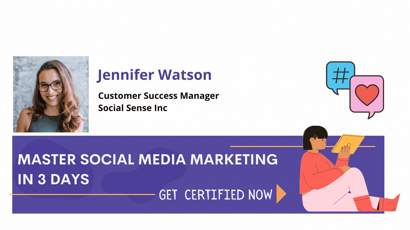 Email signature for Jennifer Watson with an ad banner promoting a 3-day social media marketing certification course, showing how Opensense increases training and program enrollments through email ad banners.