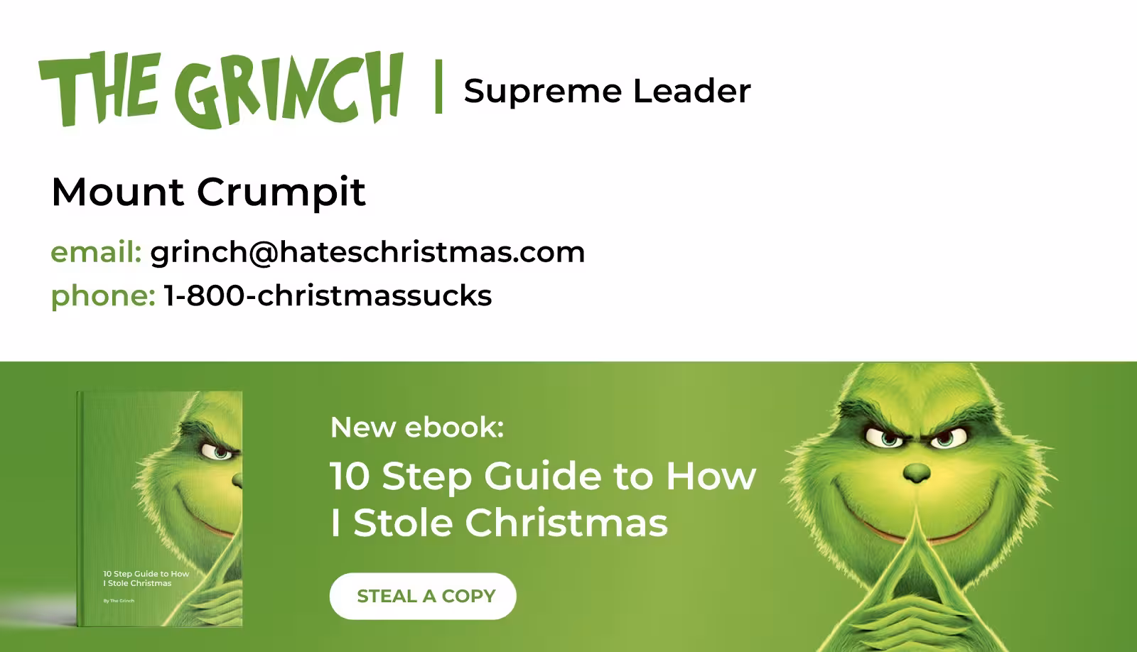Email signature for The Grinch with bold green typography and Mount Crumpit contact details, followed by a promotional banner showing the Grinch smirking beside a book titled “10 Step Guide to How I Stole Christmas” and a call-to-action button reading “Steal a Copy.” Demonstrates how Opensense helps brands spotlight campaign assets and drive ebook downloads with playful, themed banner creative.