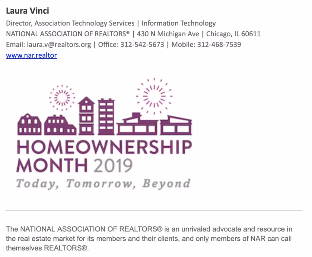 Email signature for The National Association of Realtors celebrating Homeownership Month 2019 with illustrated homes and sun icons, demonstrating how the brand uses Opensense to promote national initiatives and reinforce member engagement directly through everyday email.