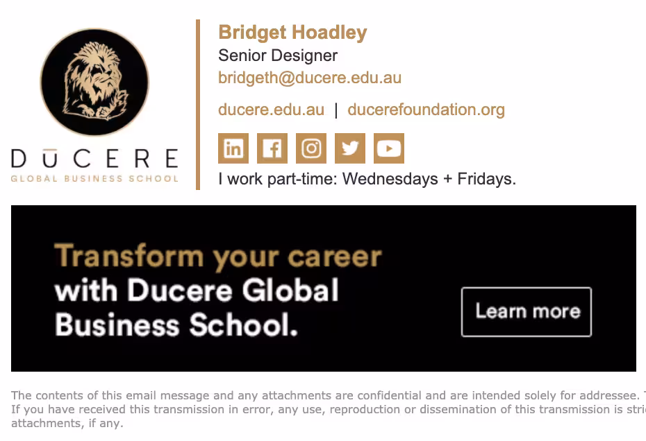 Email signature including branding, contact information, social icons, and a banner promoting career transformation programs at Ducere Global Business School. Demonstrates Opensense’s ability to embed educational marketing campaigns in signatures.