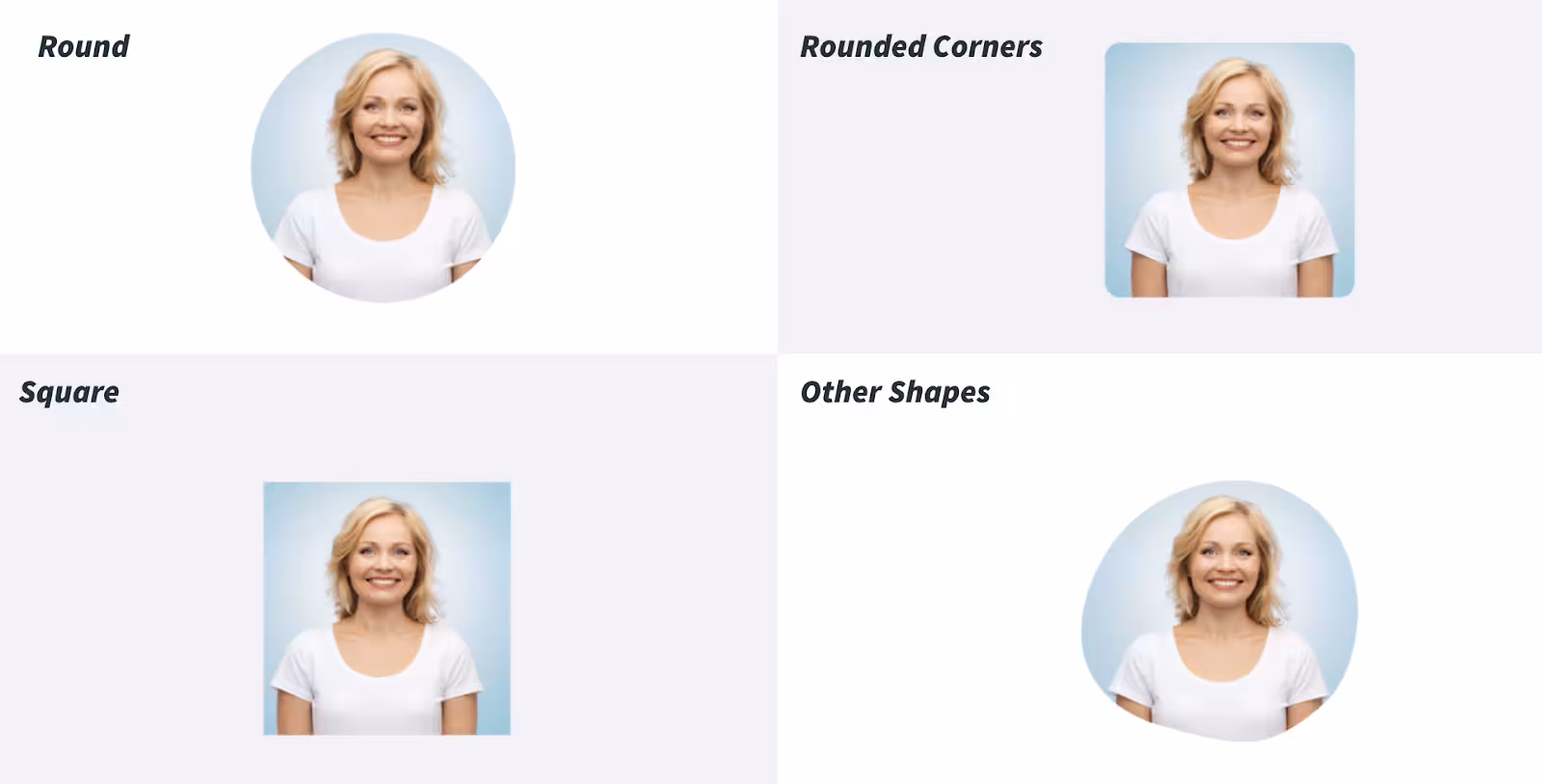 Image comparing different headshot styling options, round, rounded corners, square, and organic shapes, to illustrate Opensense’s customizable profile photo formats for consistent brand design.