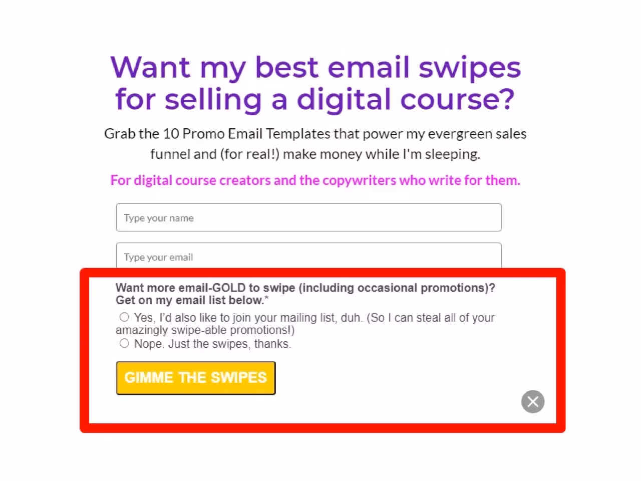 Landing page promoting 10 email swipe templates for selling digital courses, featuring an opt-in form and playful copy