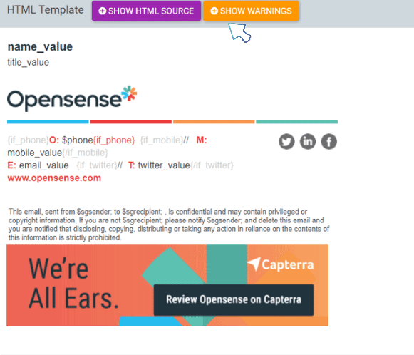 mail signature showing an Opensense template preview with a Capterra banner reading ‘We’re All Ears, Review Opensense on Capterra,’ demonstrating how Opensense enables companies to drive review generation through targeted email signature banners.