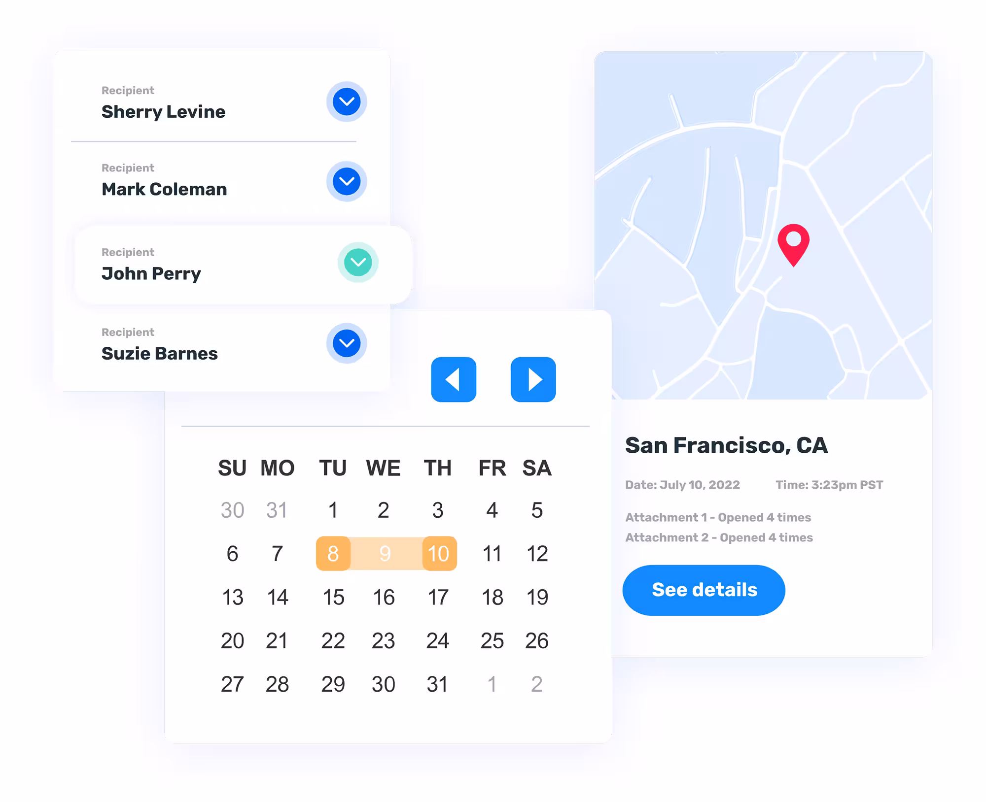 Opensense dashboard features showing a list of message recipients with checkmarks, a calendar highlighting selected dates, and a map view with a location pin labeled ‘San Francisco, CA.’ Details below the map note the date, time, and number of attachment opens, along with a button labeled ‘See details.’