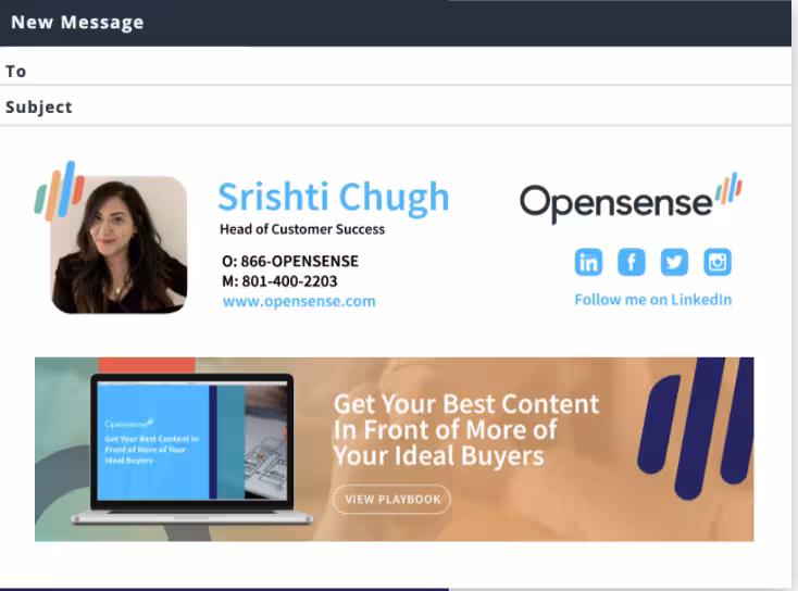 Opensense email signature for Srishti Chugh with branded social icons and an email ad banner promoting a playbook on getting your best content in front of ideal buyers, showcasing how Opensense boosts engagement and drives revenue through targeted email banner campaigns.