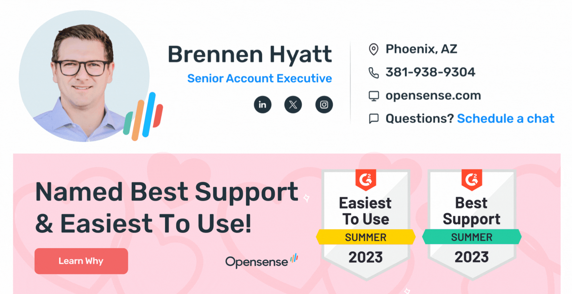 Opensense email signature for Brennen Hyatt with contact info and social links, featuring an ad banner beneath the signature highlighting G2 awards for Best Support and Easiest To Use in Summer 2023.