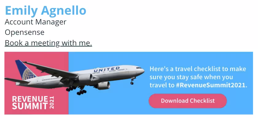 Opensense email signature for Emily Agnello with job title and meeting-booking link, followed by an email ad banner featuring a United airplane and promoting a travel safety checklist for attending Revenue Summit 2021, with a ‘Download Checklist’ button.