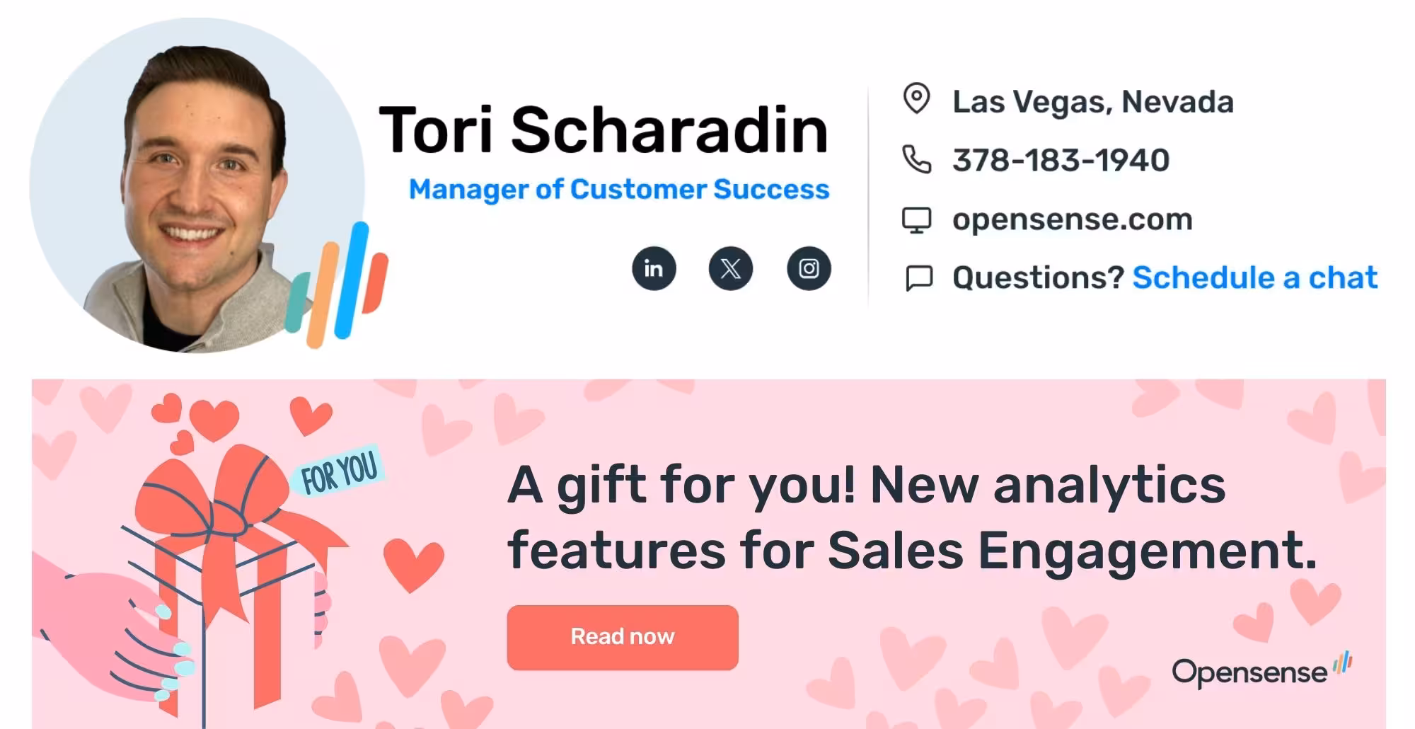 Opensense email signature with contact details and social links, featuring a customer success Valentine’s-themed ad banner promoting new Sales Engagement analytics features with a ‘Read now’ CTA.