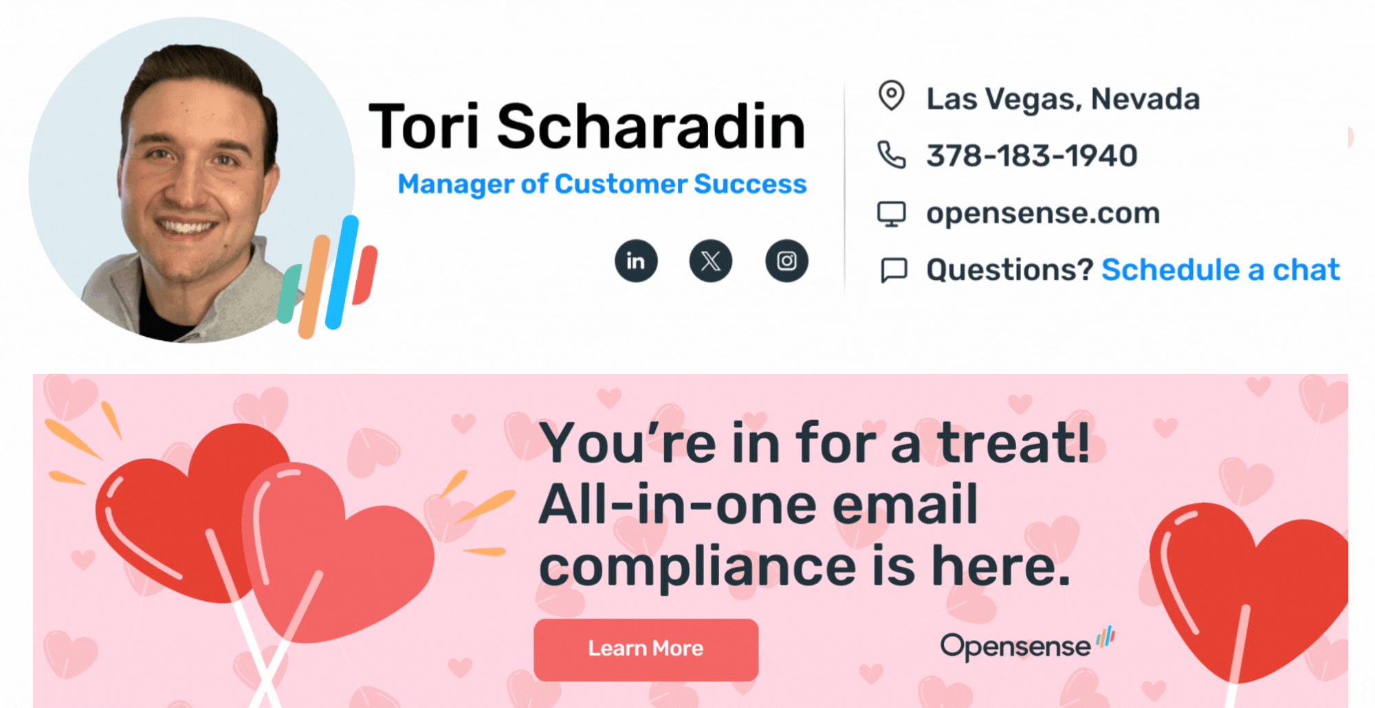 Opensense email signature with contact details and social links, featuring a Valentine’s-themed ad banner promoting all-in-one email compliance with a ‘Learn More’ CTA.