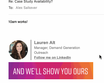 Outreach email signature with an email ad banner promoting their Unleash event, showcasing how Opensense helps customers promote their event in employee email.