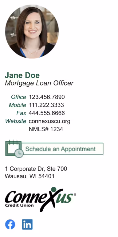 Professional email signature featuring a headshot, contact details, and a green “Schedule an Appointment” call-to-action button, followed by the Connexus Credit Union logo and social icons. Demonstrates how Opensense helps financial institutions modernize their email signatures with clean branding and embedded appointment links to drive member engagement.