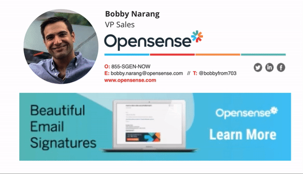 Professional email signature with a headshot, contact details, and Opensense branding, followed by a promotional banner that reads “Beautiful Email Signatures” with a laptop mockup and “Learn More.” The banner demonstrates how Opensense helps organizations elevate everyday email with polished, on-brand signature designs and clickable marketing moments that drive traffic and engagement.