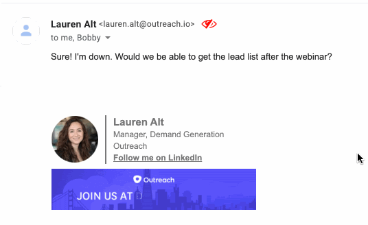 Email signature for Lauren Alt, Manager of Demand Generation at Outreach, featuring a promotional banner inviting recipients to ‘Join Us at Dreamforce 2019,’ demonstrating how Opensense enables teams to drive event awareness and boost registrations directly through email signatures.
