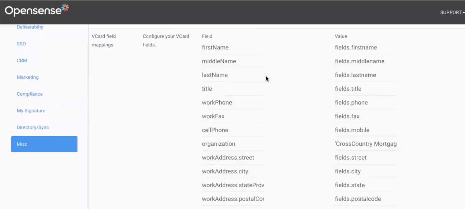 Screenshot of the Opensense admin interface showing vCard field mapping settings, with system fields such as first name, last name, title, and phone mapped to directory values.