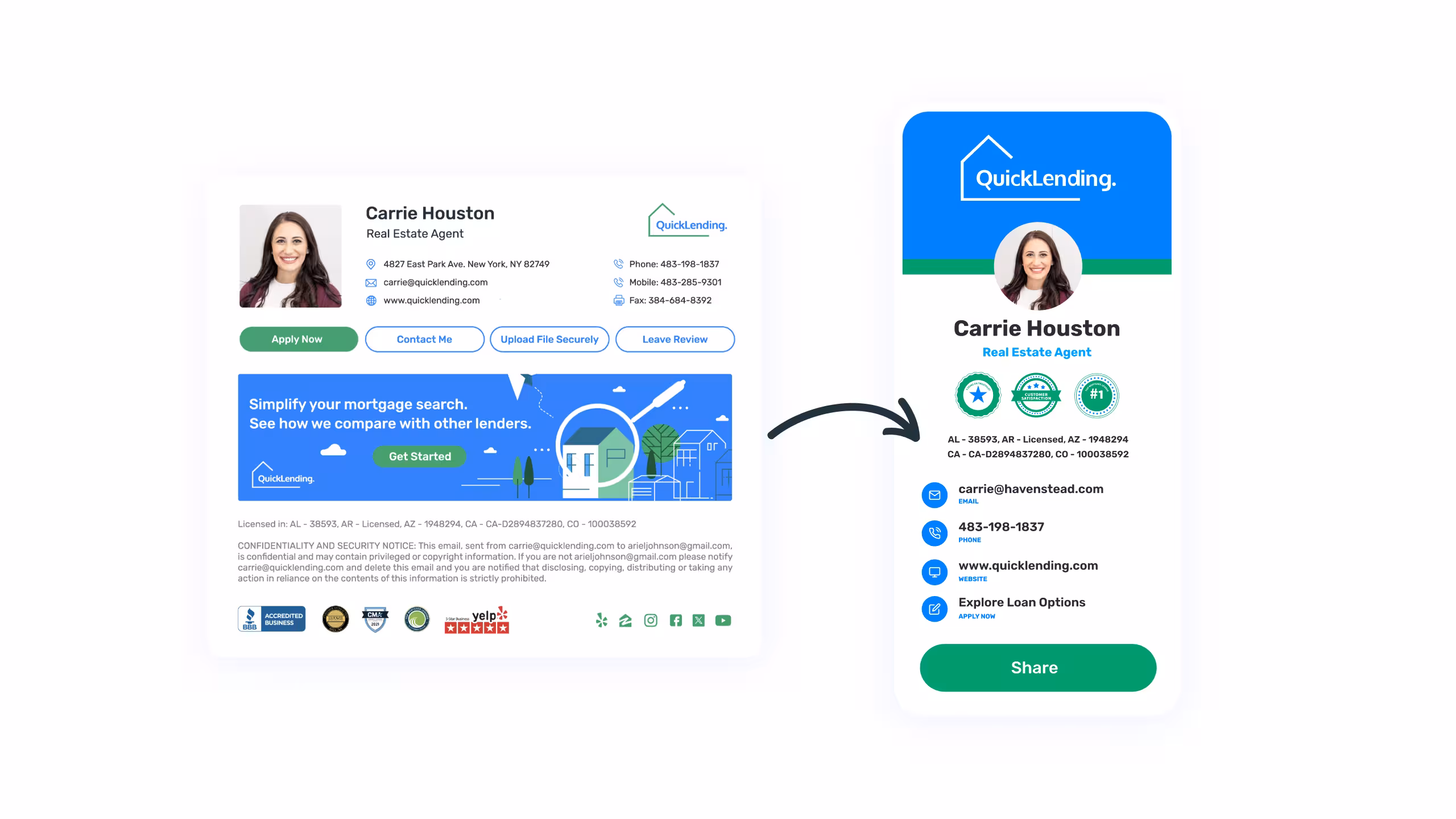 Side-by-side comparison showing a traditional email signature for real estate agent Carrie Houston alongside a streamlined, matching mobile digital business card. The digital card features QuickLending branding, agent photo, certifications, license numbers, contact details, and a Share button, illustrating the transition from static email signatures to interactive, mobile-friendly digital IDs.
