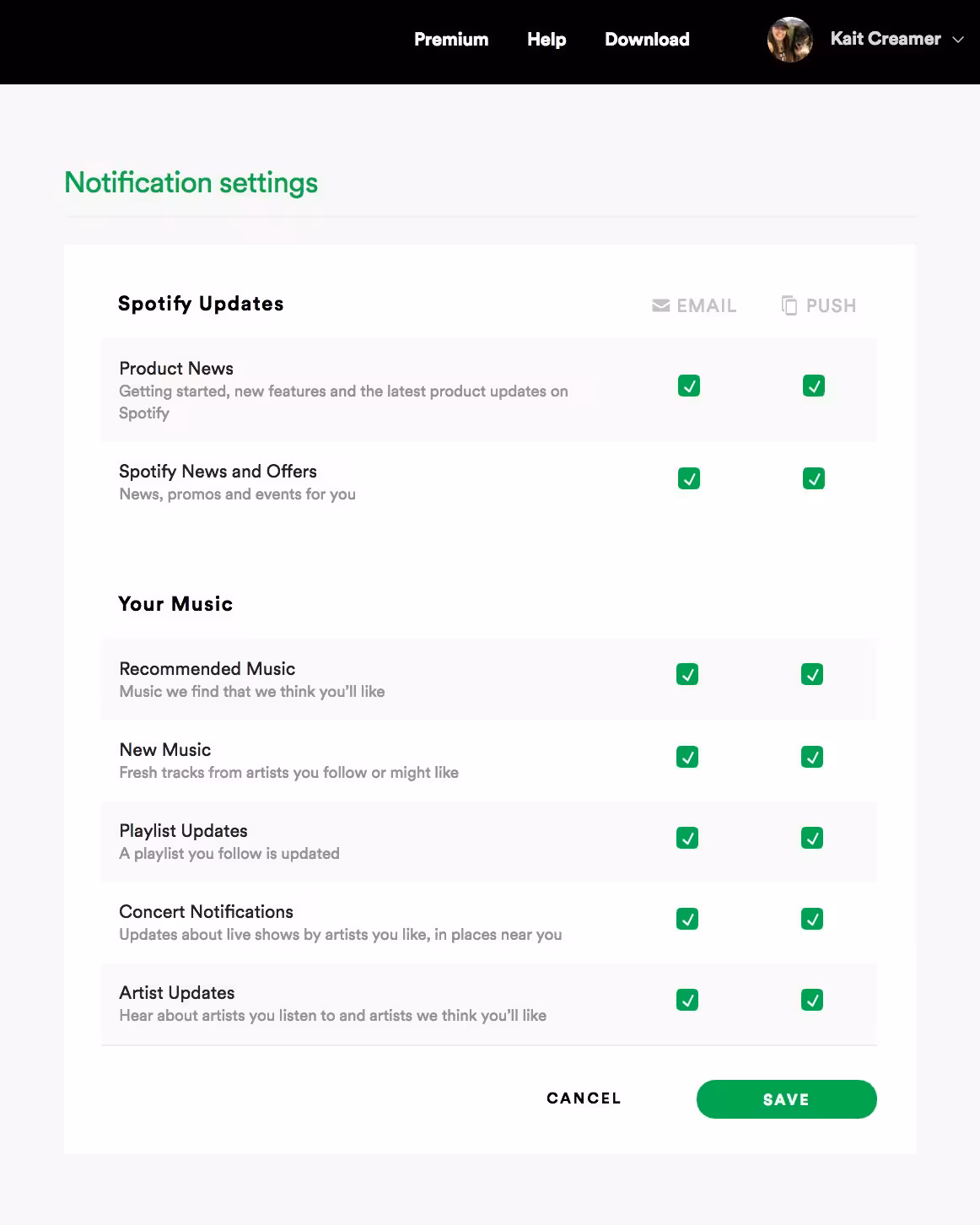Spotify preference settings interface displaying email and push options for product news, music updates, playlists, concerts, and artists