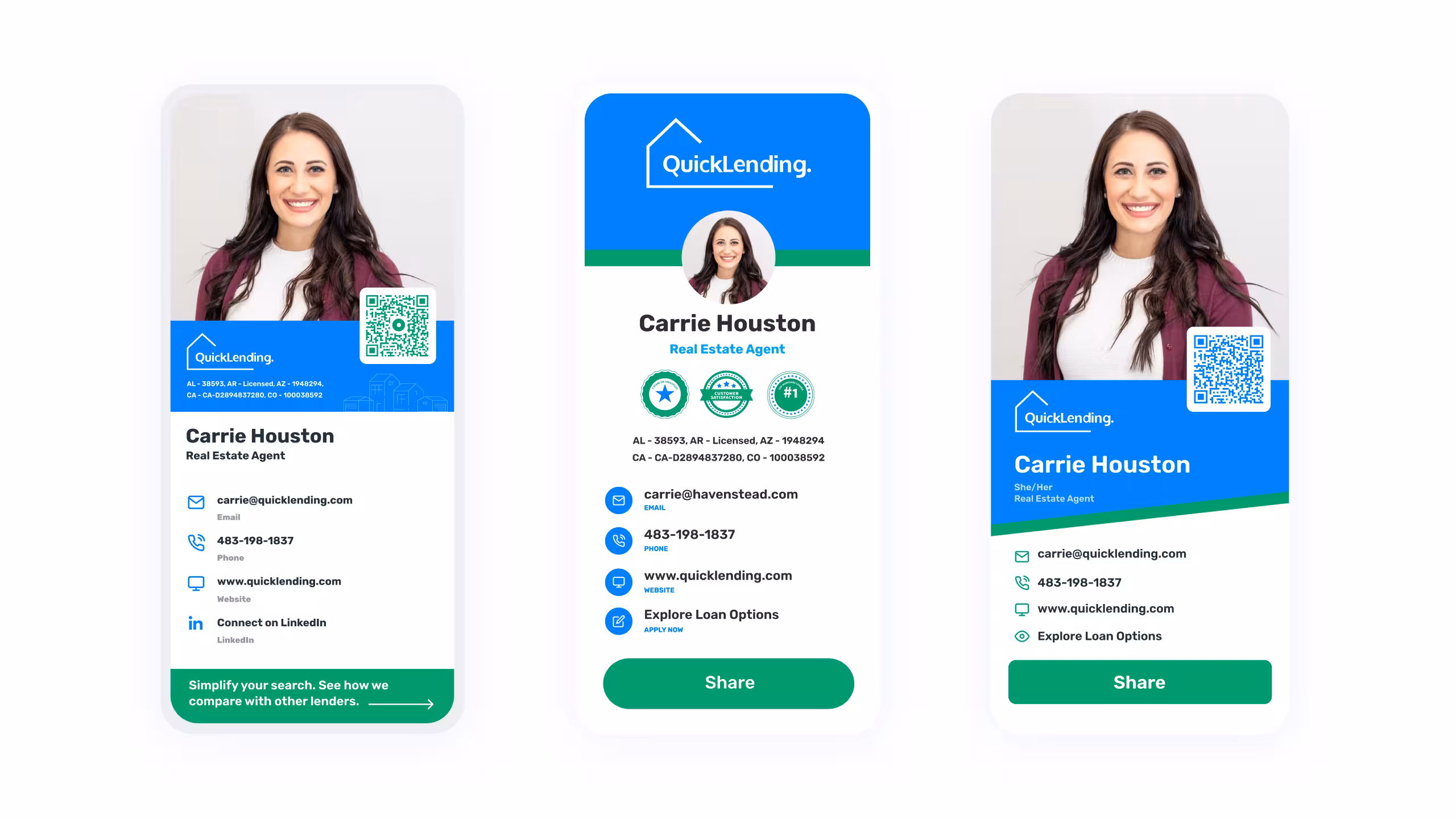 “Three versions of a digital business card for real estate agent Carrie Houston, each featuring her photo, QuickLending branding, contact details, license information, interactive action buttons, and a scannable QR code, showcasing different layout styles for mobile-friendly, shareable digital IDs.