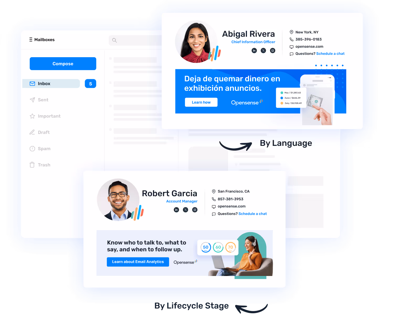 Opensense email signature examples showing personalized, branded banners by language and customer lifecycle stage, demonstrating how Opensense enables marketing teams to deliver targeted, measurable campaigns through everyday employee emails.