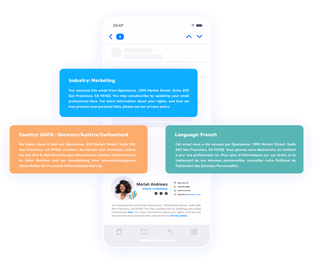 Opensense email compliance example showing personalized email footers by industry, country, and language, illustrating how Opensense helps global organizations manage localization, legal compliance, and brand consistency in every email.