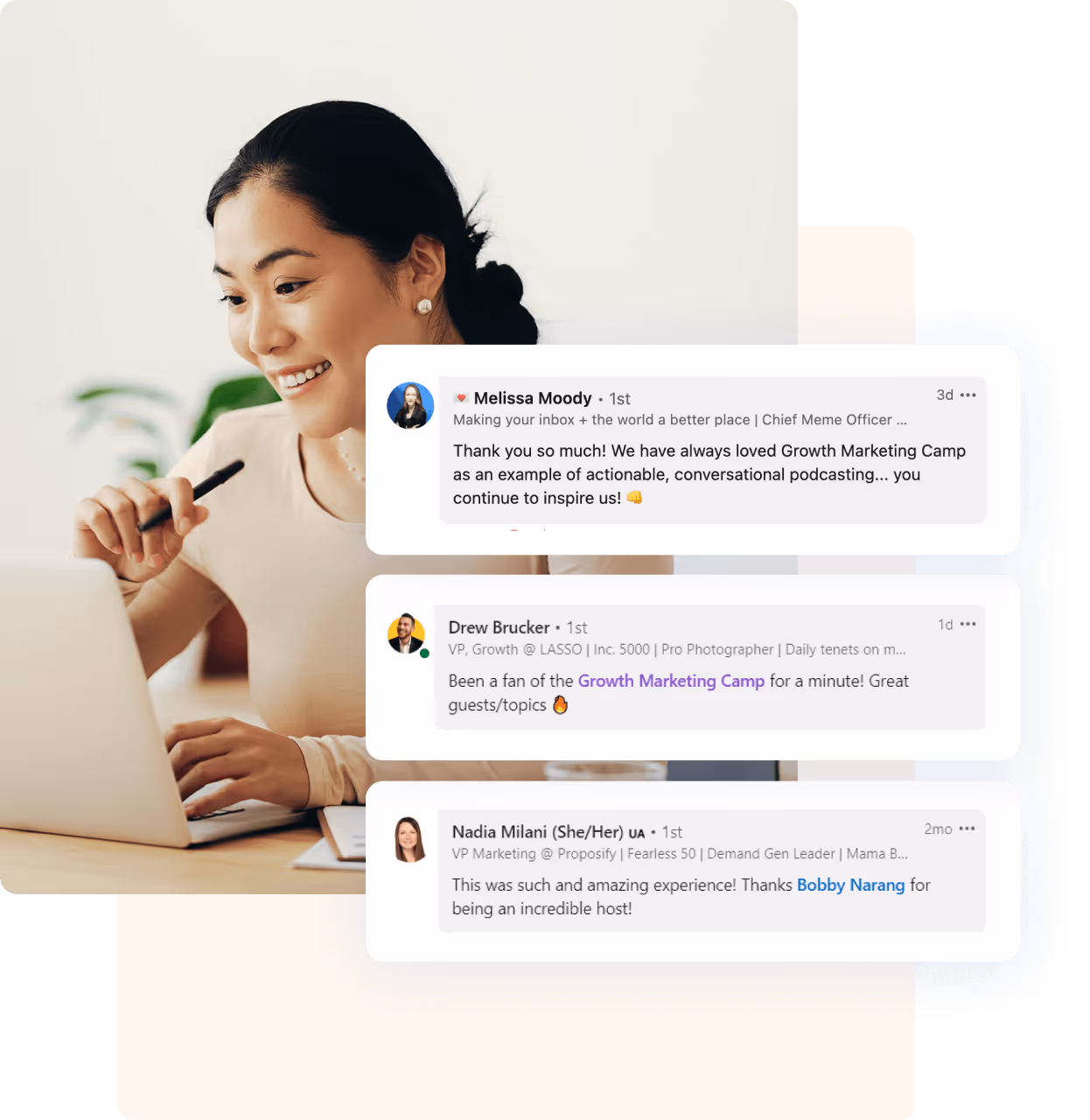 Person smiling while working on a laptop with overlaid LinkedIn-style testimonials praising the Growth Marketing Camp podcast by Opensense.