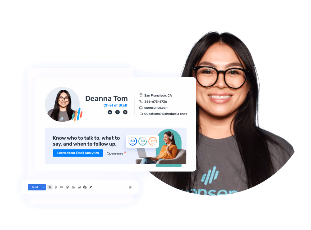 Professional woman smiling next to an email signature example